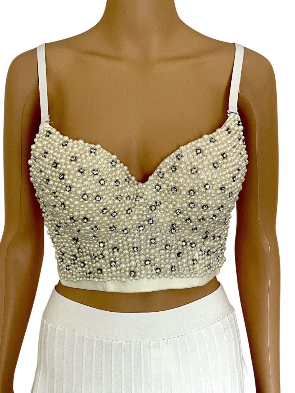 Vintage Lydia USA Ivory Pearl Rhinestone Bustier Crop Top Size L